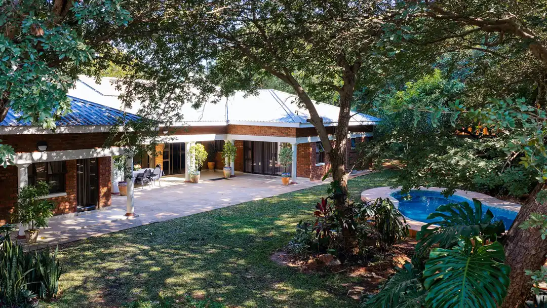 Mature shade trees, lush lawn and pool in the Cosmo garden
